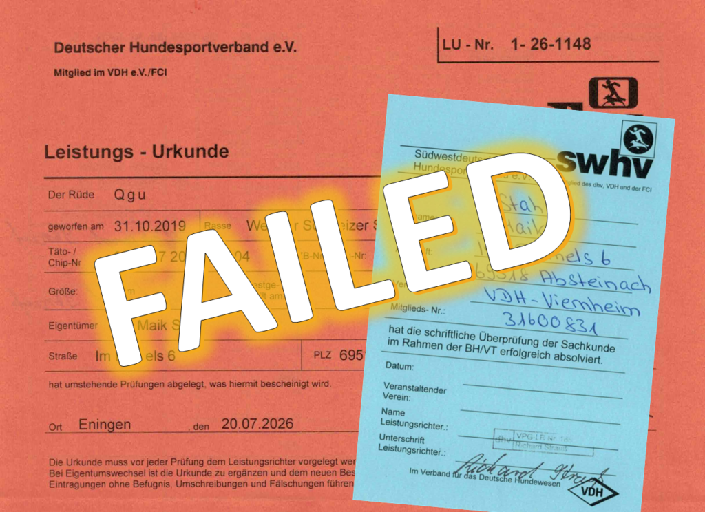 BH/VT-Leistungsurkunde mit dem Vermerk „Nicht bestanden“, nachdem Qyu und ich den praktischen Prüfungsteil nicht bestanden haben